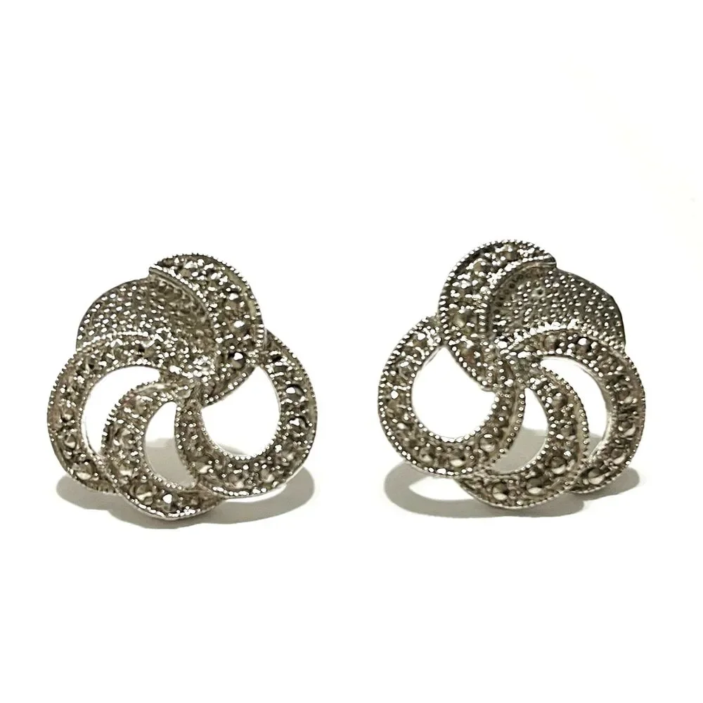Silver Tone Knot Circle Earrings Stud Marcasite Textured Openwork Abstract Chic